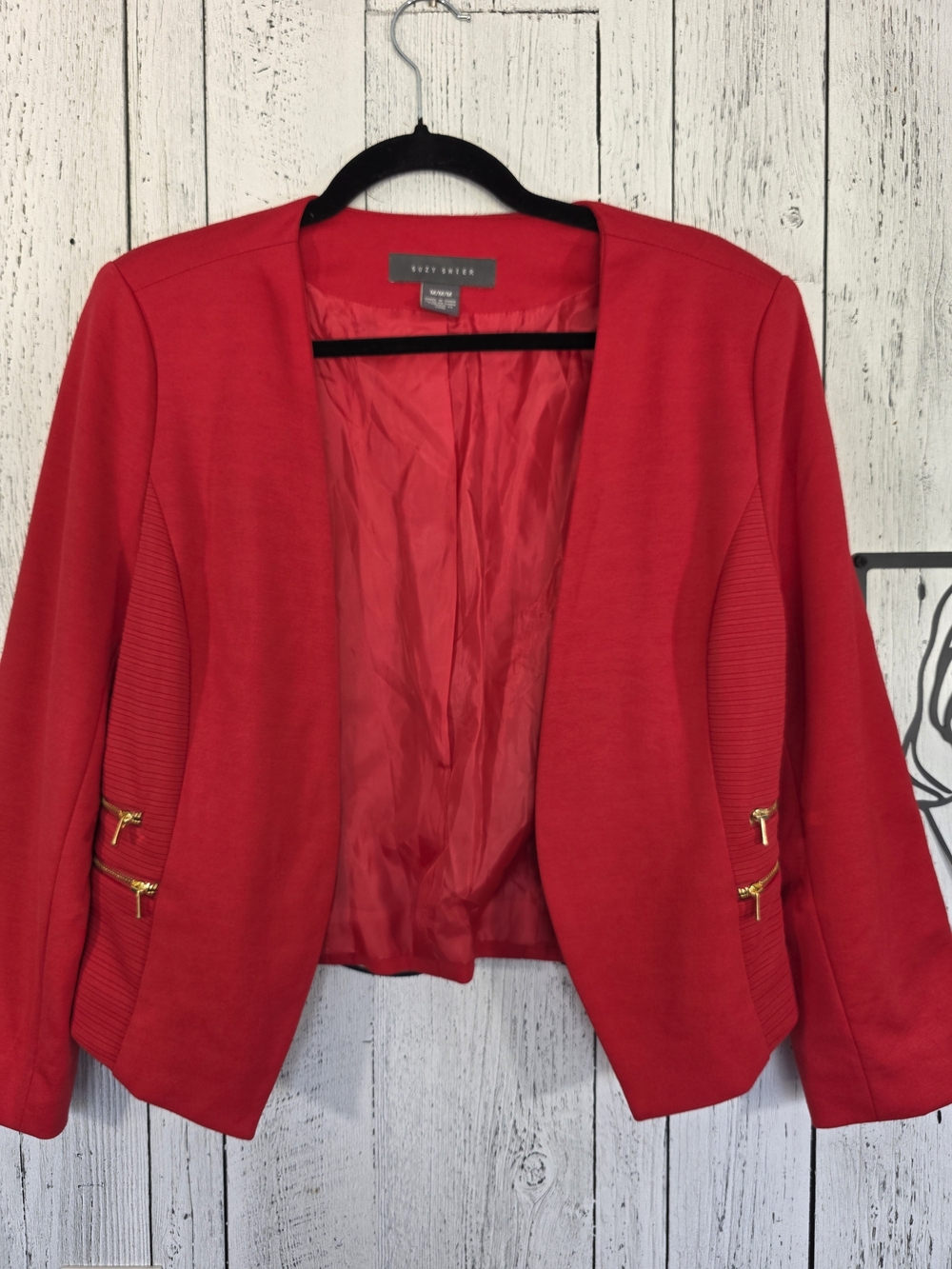 Suzy Shier Red Open Front Zip Detail Blazer Size Medium Business Office Career